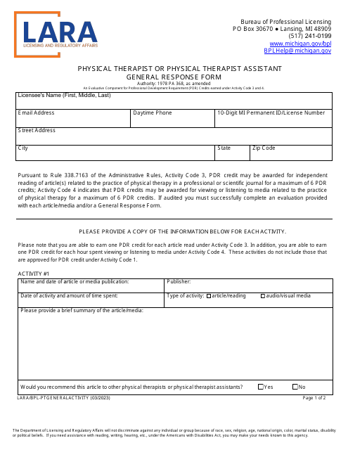Physical Therapist or Physical Therapist Assistant General Response Form - Michigan Download Pdf
