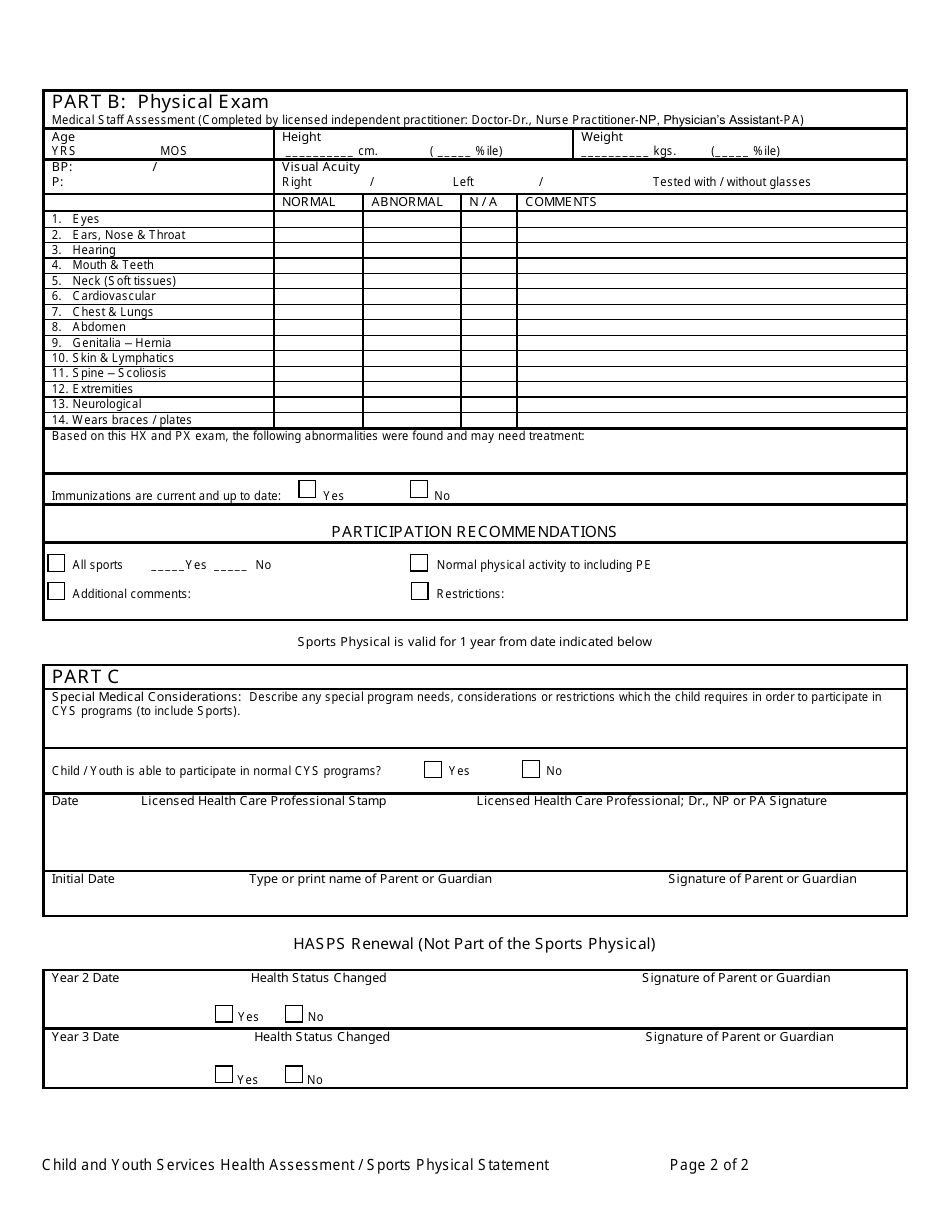 Health Assessmentsports Physical Statement Hasps For Cys Services Enrollement Renewal 3814