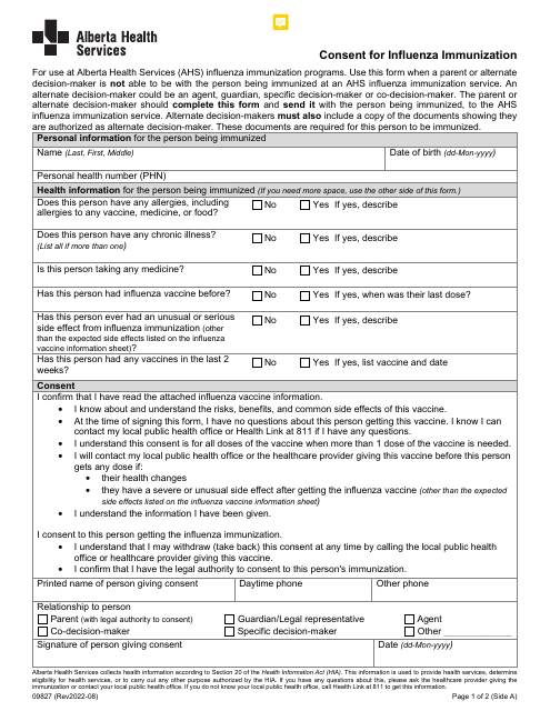Form 09827 Consent for Influenza Immunization - Alberta, Canada