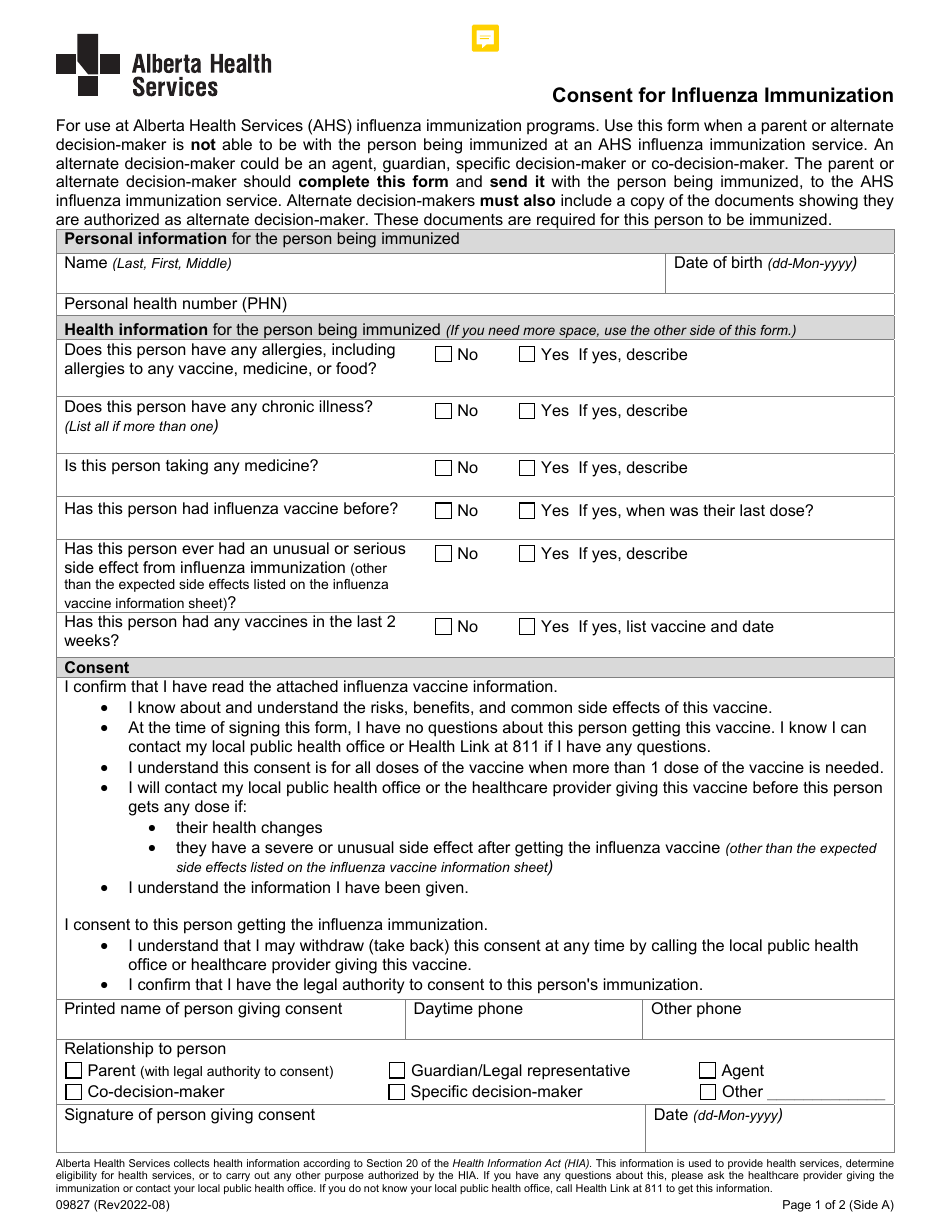Form 09827 Consent for Influenza Immunization - Alberta, Canada, Page 1