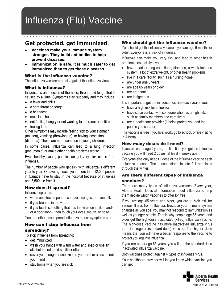 Form 09827 Consent for Influenza Immunization - Alberta, Canada, Page 3