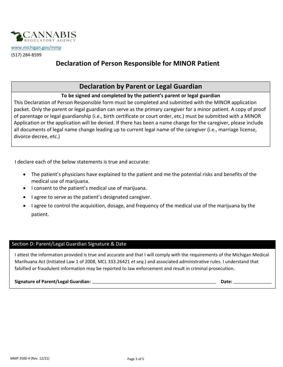 Form MMP3500-4 Minor Application Form for Registry Identification Card - Michigan Medical Marijuana Program - Michigan, Page 3