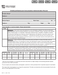 Document preview: Form AIR111-1 Childhood/Adolescent Immunization Administration Record - Arizona