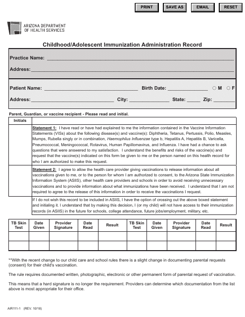 Form AIR111-1 Childhood/Adolescent Immunization Administration Record - Arizona