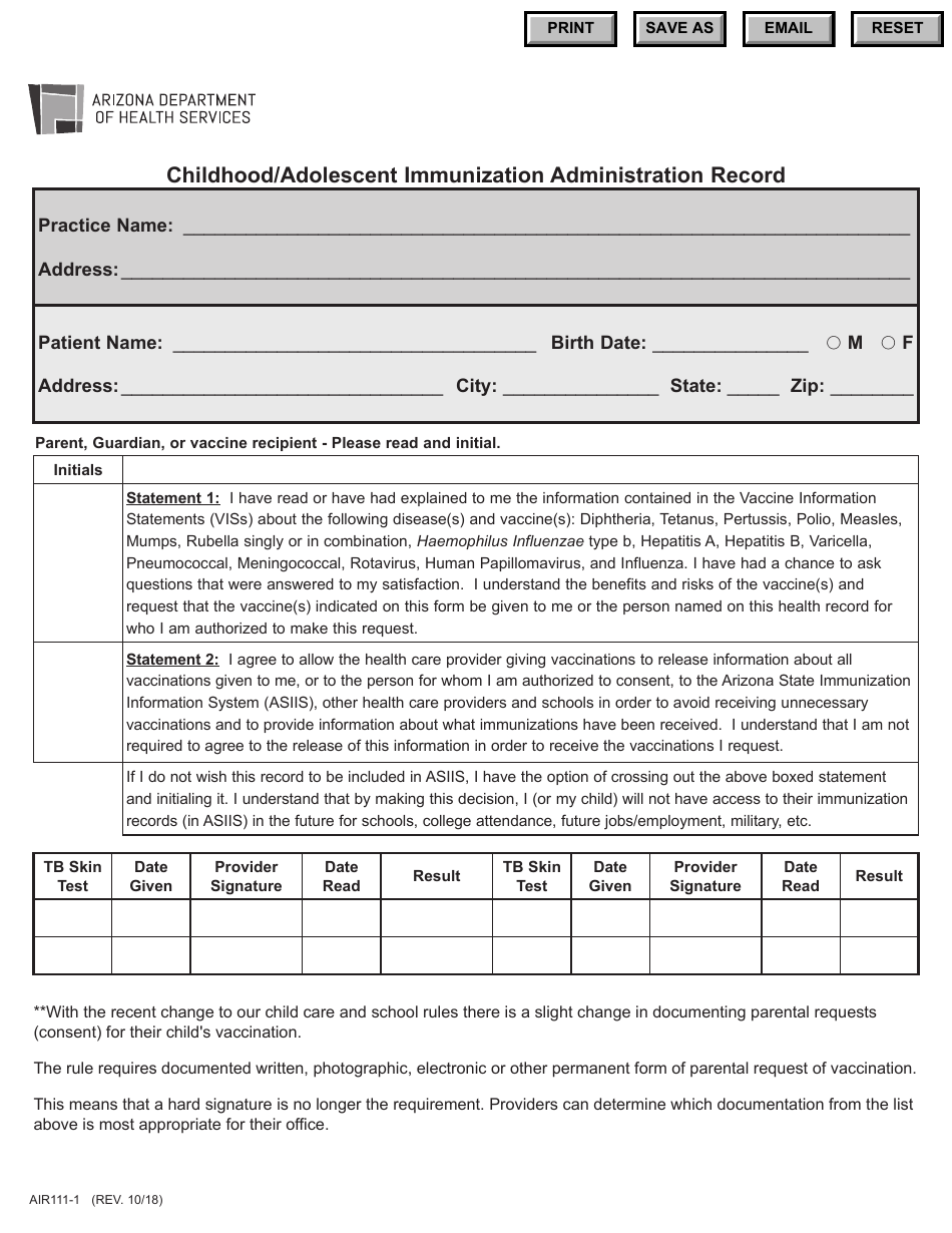 Form AIR111-1 Childhood / Adolescent Immunization Administration Record - Arizona, Page 1