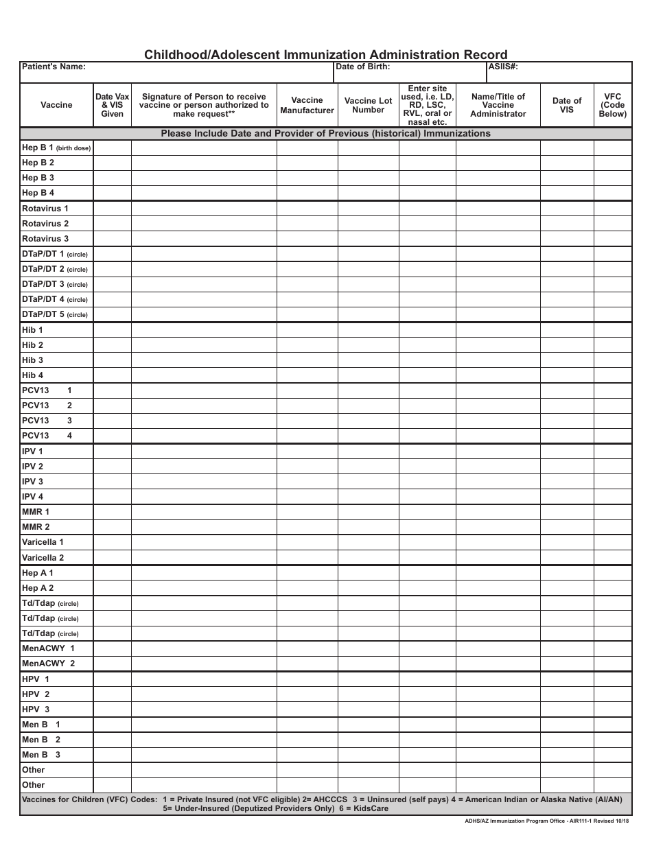 Form AIR111-1 Childhood / Adolescent Immunization Administration Record - Arizona, Page 2