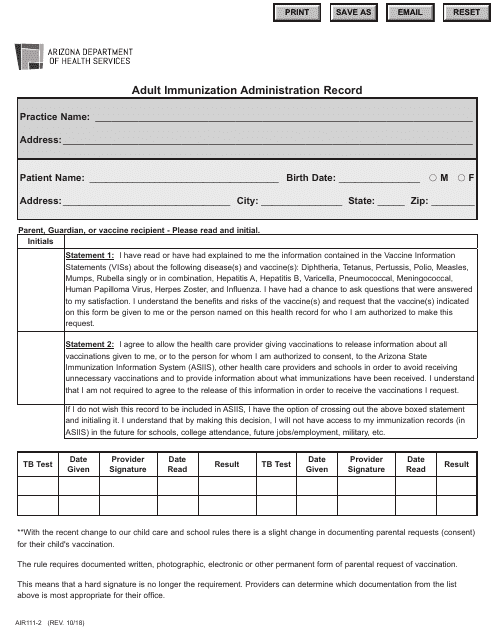 Form AIR111-2 Adult Immunization Administration Record - Arizona