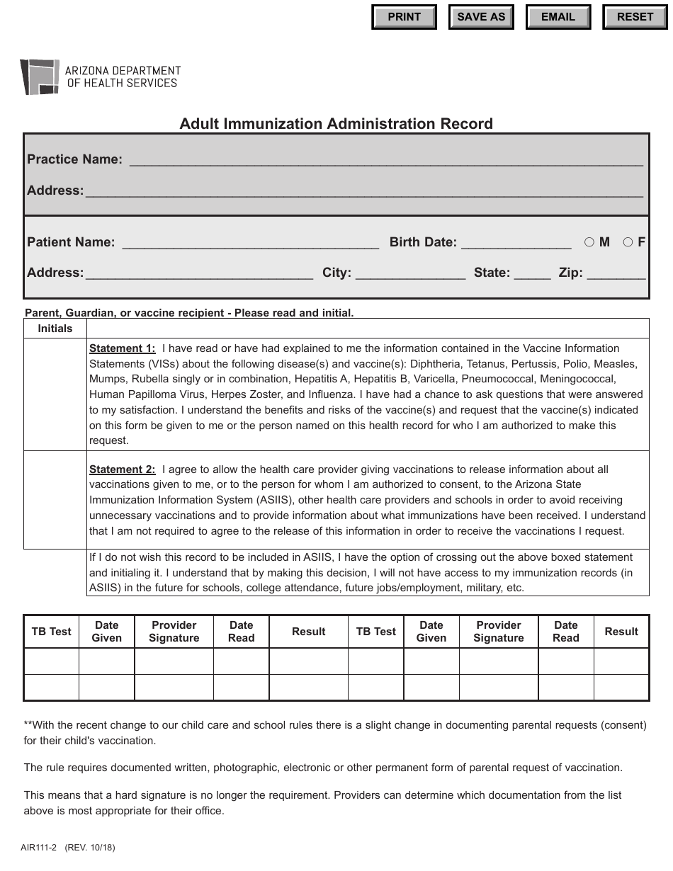 Form AIR111-2 Adult Immunization Administration Record - Arizona, Page 1