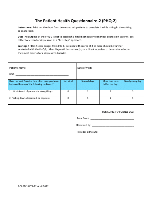 Form ACAPEC-3479-22 The Patient Health Questionnaire-2 (Phq-2)