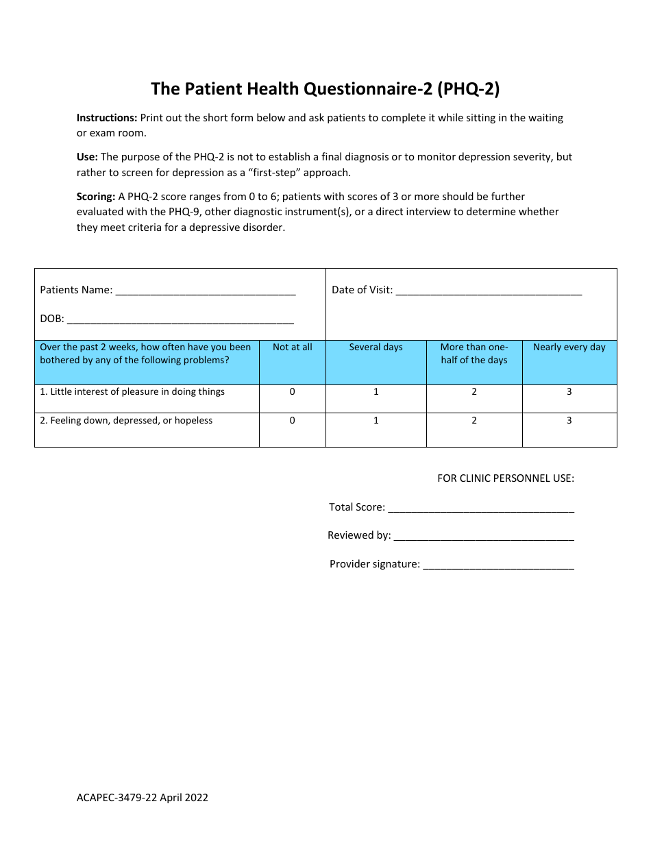 Form ACAPEC-3479-22 The Patient Health Questionnaire-2 (Phq-2), Page 1