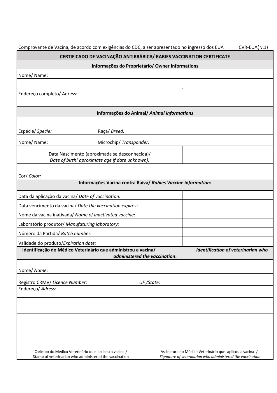 Form CVR-EUA Rabies Vaccination Certificate - Brazil (English / Portuguese), Page 1