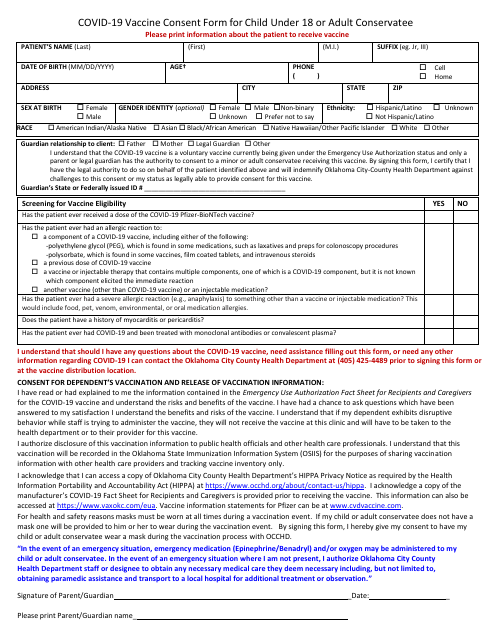 Covid-19 Vaccine Consent Form for Child Under 18 or Adult Conservatee - Oklahoma Example