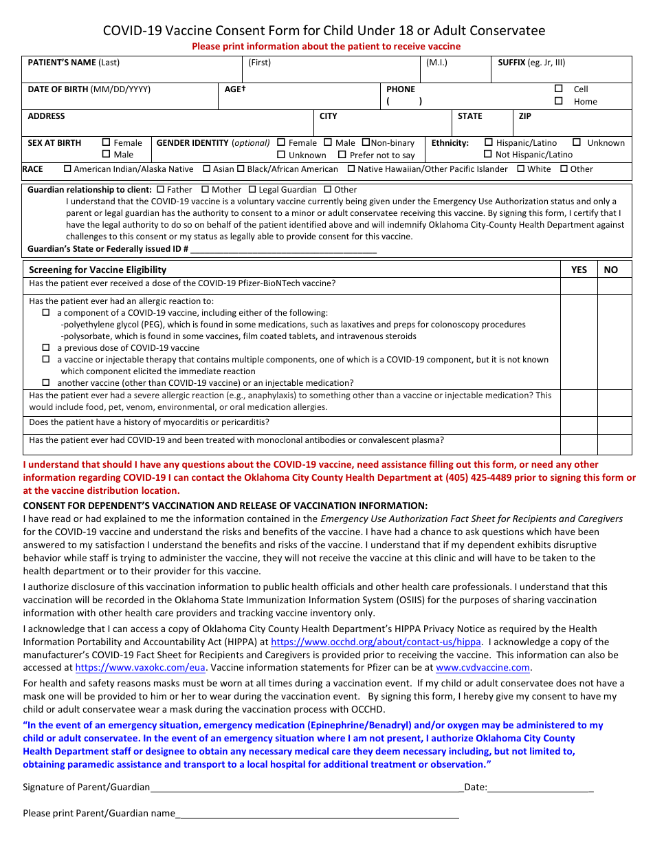 Covid-19 Vaccine Consent Form for Child Under 18 or Adult Conservatee