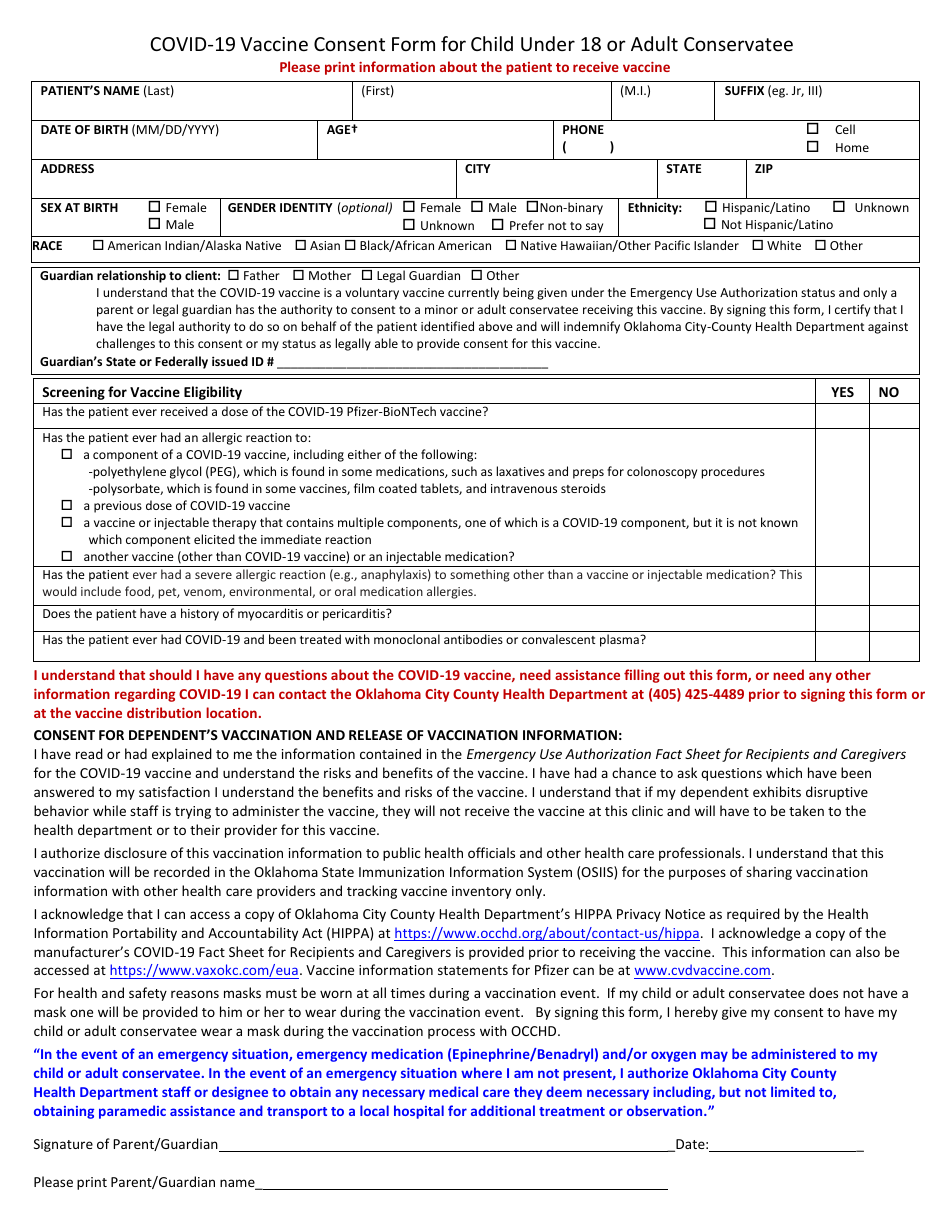 Covid-19 Vaccine Consent Form for Child Under 18 or Adult Conservatee - Oklahoma Example, Page 1