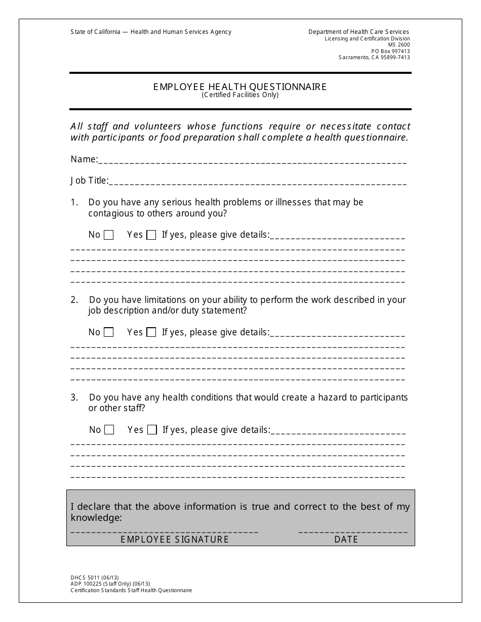 Form DHCS5011 Employee Health Questionnaire - California, Page 1