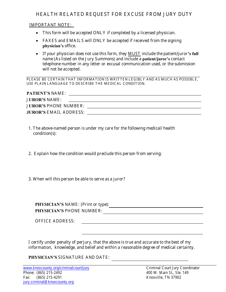 Knox County, Tennessee Health Related Request for Excuse From Jury Duty