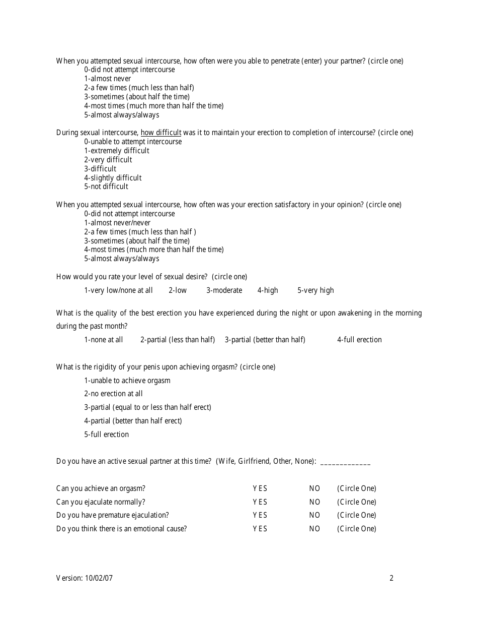 Erectile Dysfunction Questionnaire, Page 2