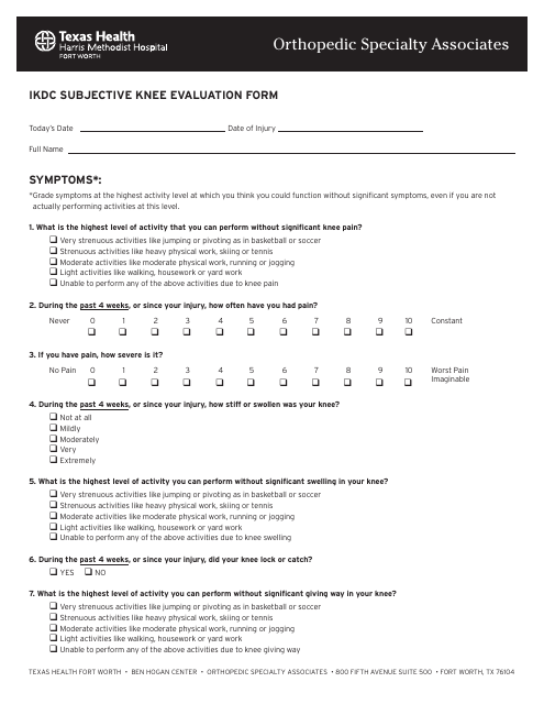 Ikdc Subjective Knee Evaluation Form - Texas Health Orthopedic Specialty Associates Download Pdf