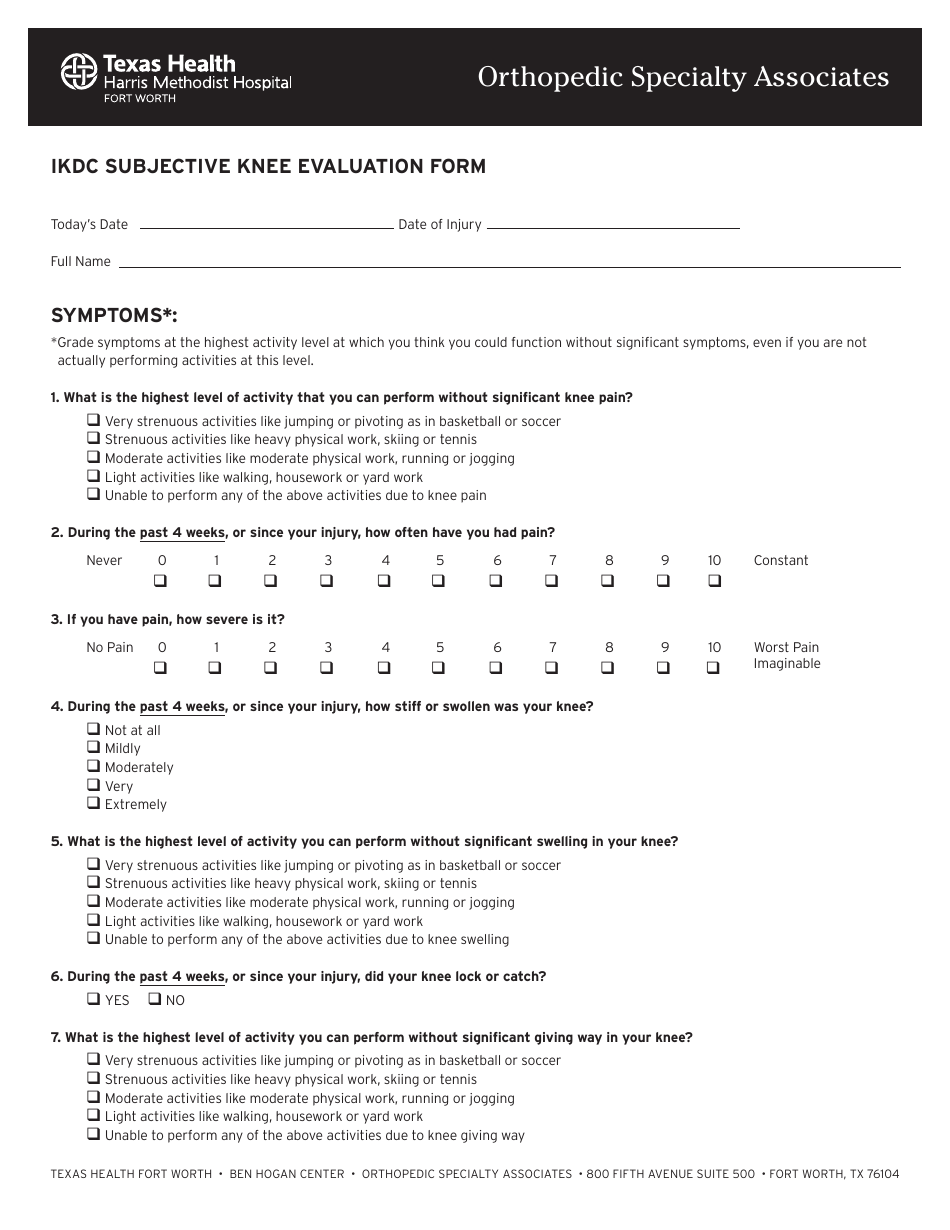 Ikdc Subjective Knee Evaluation Form - Texas Health Orthopedic ...