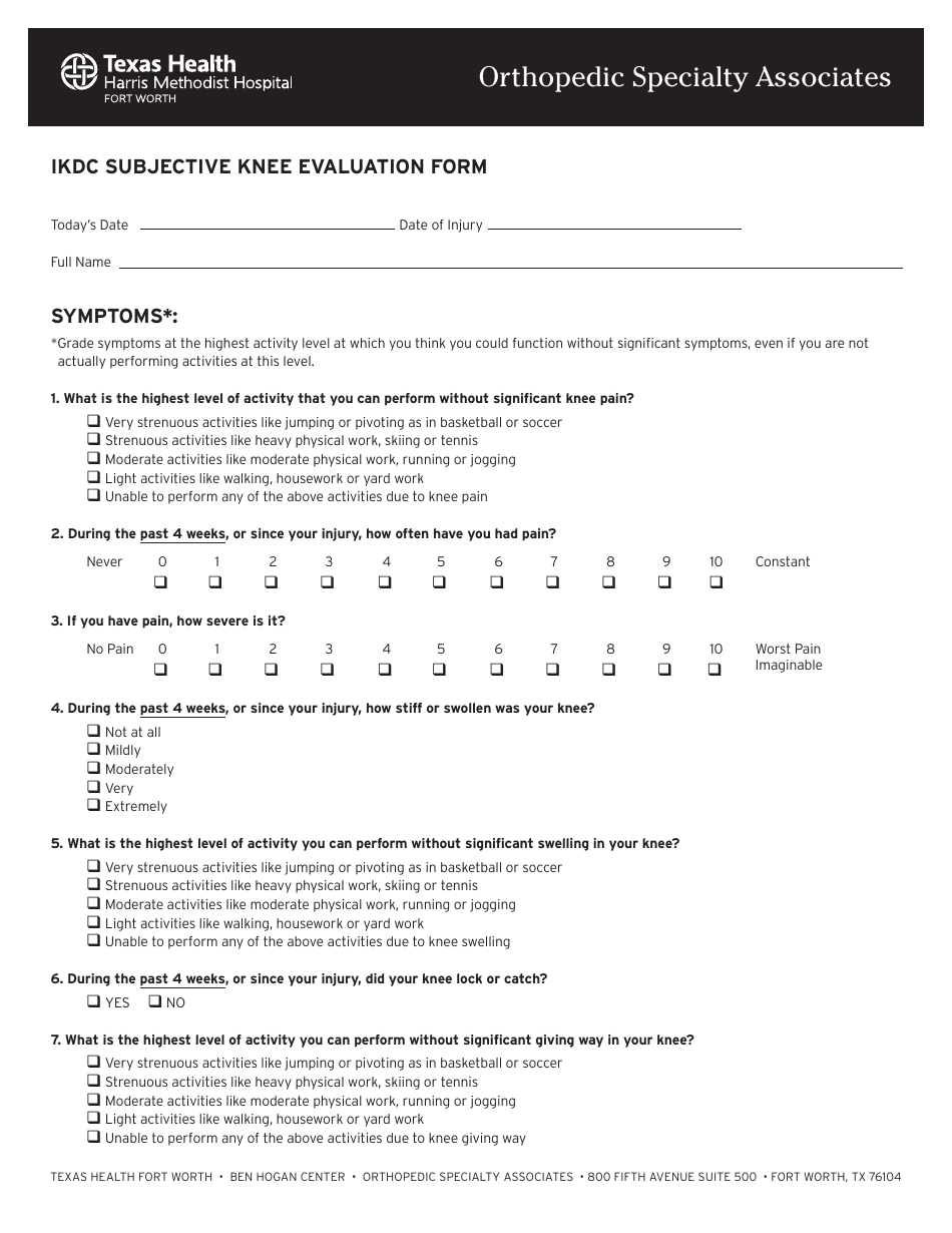 Ikdc Subjective Knee Evaluation Form - Texas Health Orthopedic Specialty Associates, Page 1