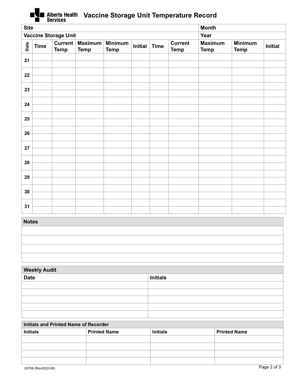 Form 20706 Vaccine Storage Unit Temperature Record - Alberta, Canada, Page 2