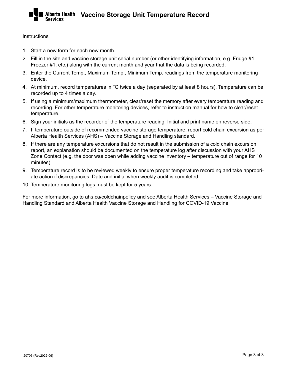 Form 20706 Vaccine Storage Unit Temperature Record - Alberta, Canada, Page 3