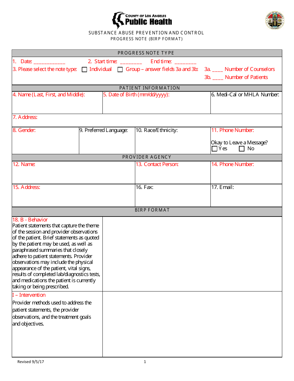 Substance Abuse Prevention and Control Progress Notes (Birp Format) - County of Los Angeles, California, Page 1