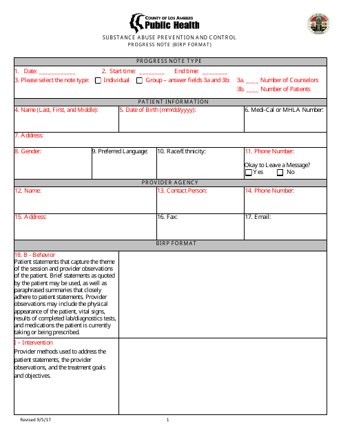 Substance Abuse Prevention and Control Progress Notes (Birp Format) - County of Los Angeles, California