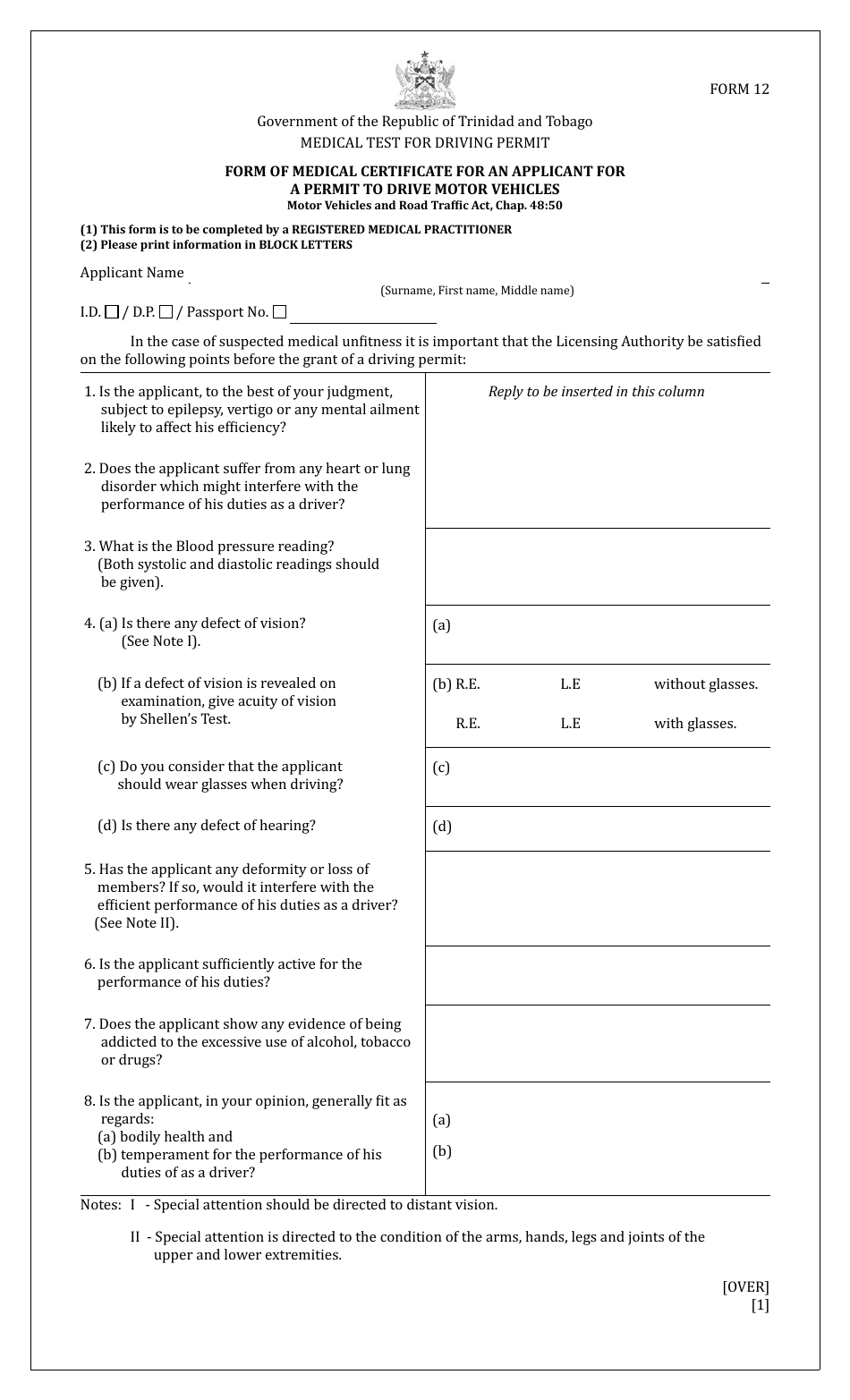 Form 12 Form of Medical Certificate for an Applicant for a Permit to Drive Motor Vehicles - Trinidad and Tobago, Page 1