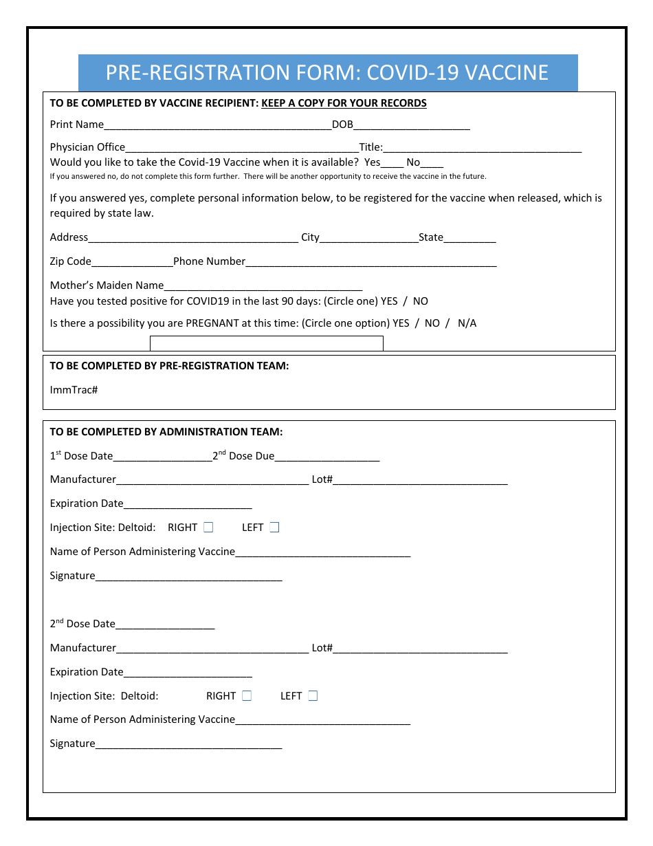 Pre-registration Form: Covid-19 Vaccine, Page 1