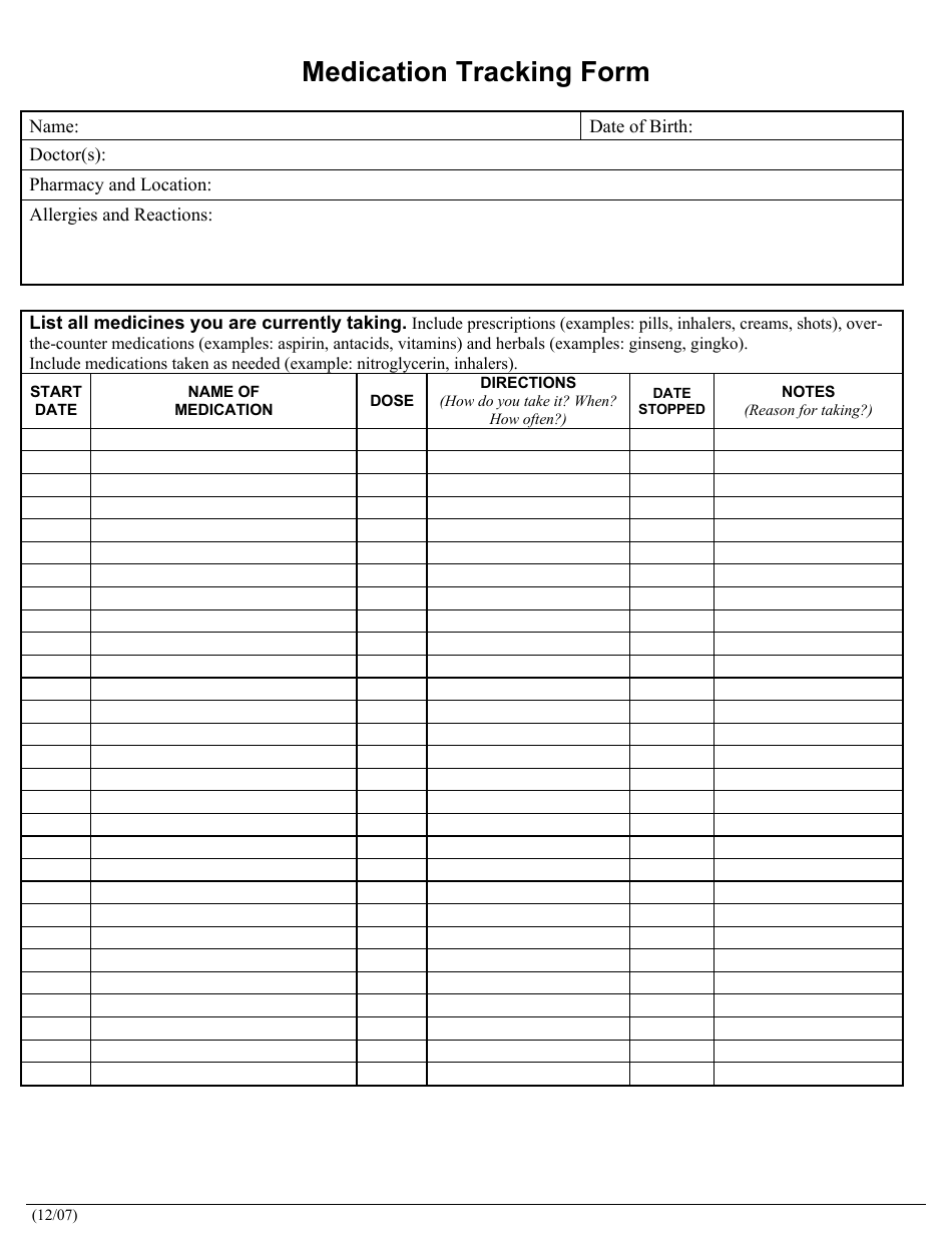Medication Tracking Form, Page 1
