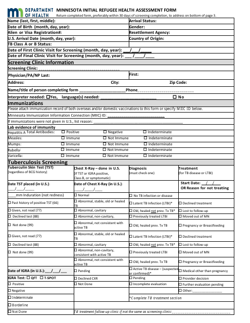Minnesota Initial Refugee Health Assessment Form - Minnesota Download Pdf
