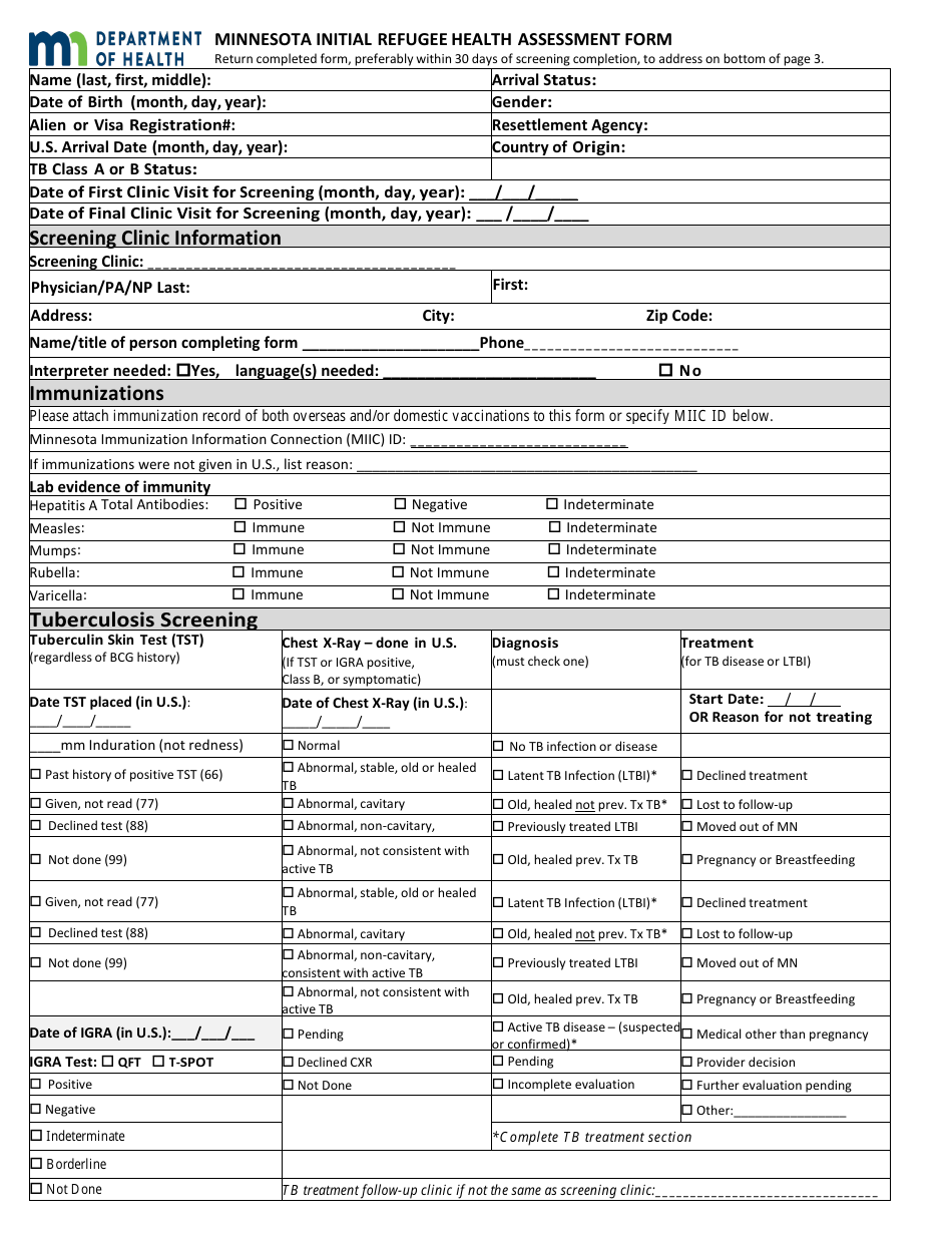 Minnesota Initial Refugee Health Assessment Form - Minnesota, Page 1