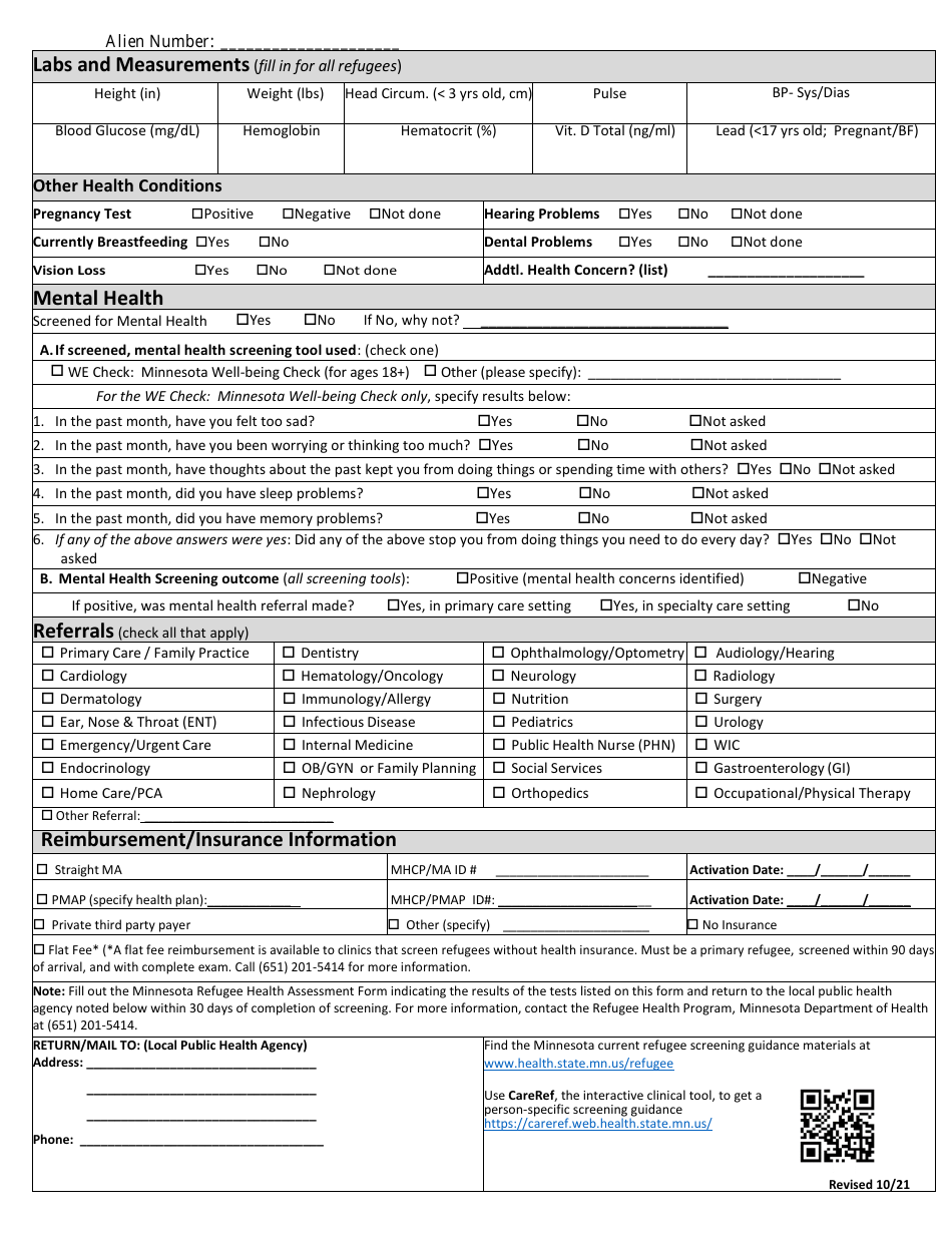Minnesota Initial Refugee Health Assessment Form - Minnesota, Page 3