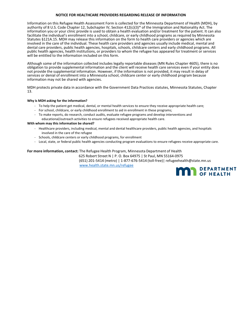 Minnesota Initial Refugee Health Assessment Form - Minnesota, Page 6