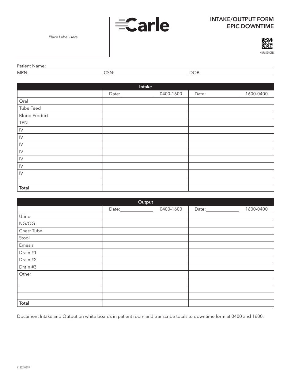 Intake/Output Form - Carle - Fill Out, Sign Online and Download PDF ...