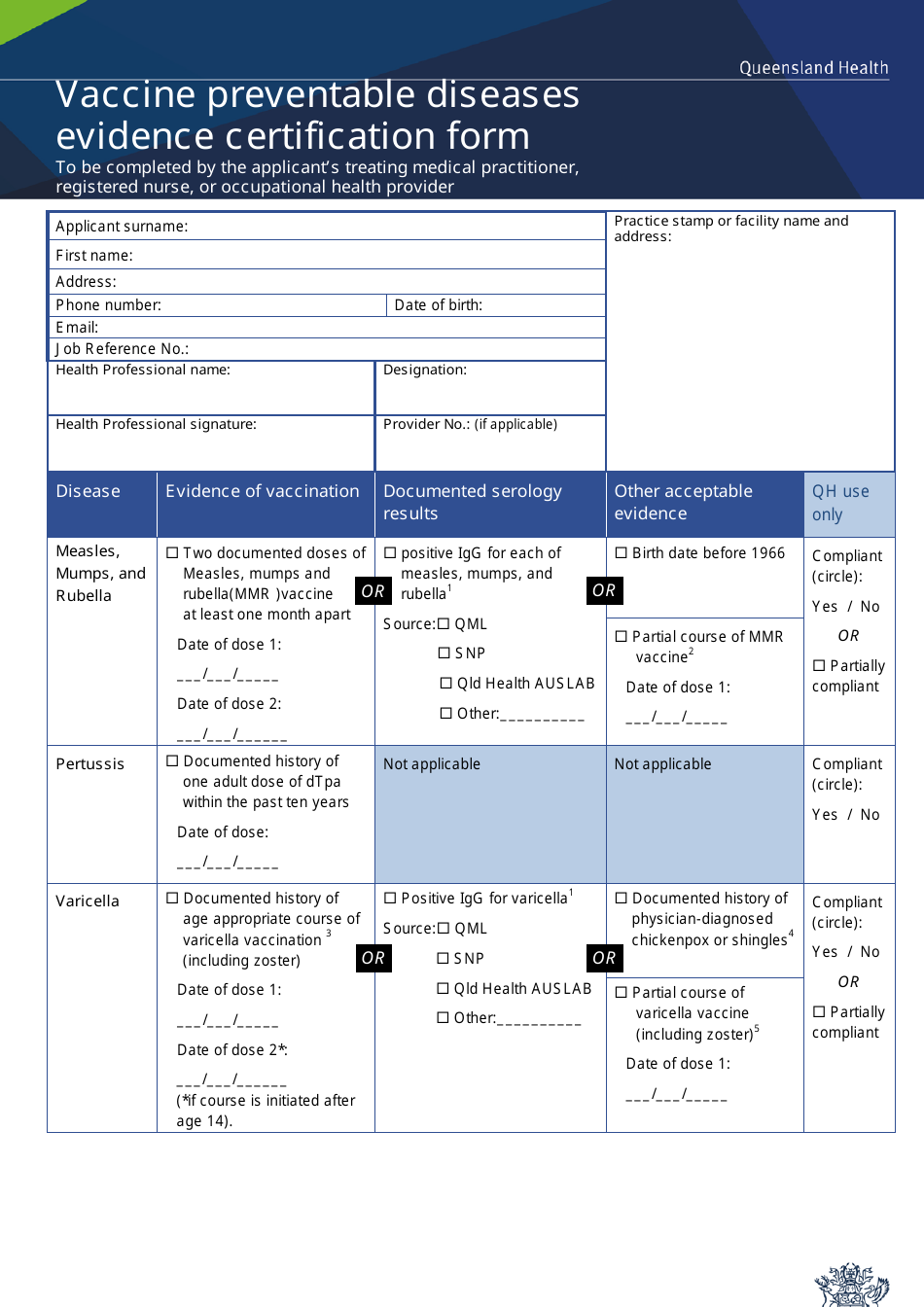 Vaccine Preventable Diseases Evidence Certification Form - Queensland, Australia, Page 1