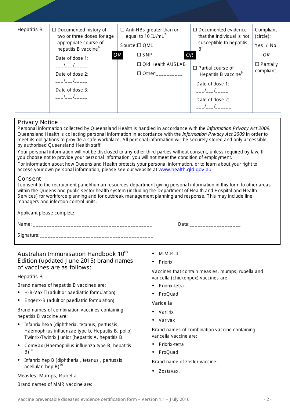 Vaccine Preventable Diseases Evidence Certification Form - Queensland, Australia, Page 2