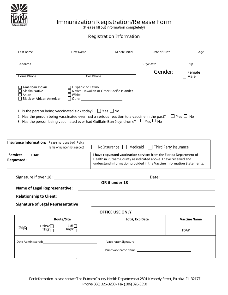 Immunization Registration / Release Form - Putnam County, Florida, Page 1