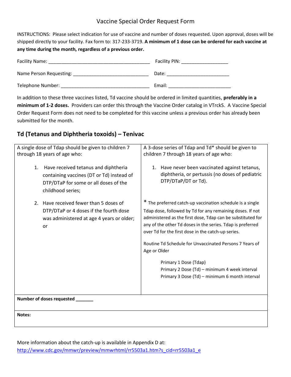 Vaccine Special Order Request Form - Indiana, Page 1