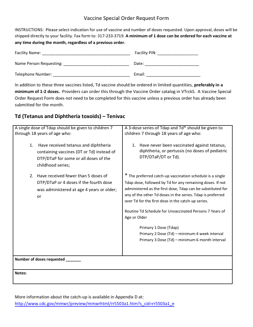 Vaccine Special Order Request Form - Indiana Download Pdf