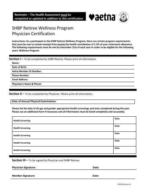 Aetna Annual Physician's Certification - Shbp Retiree Wellness Program - New Jersey Download Pdf