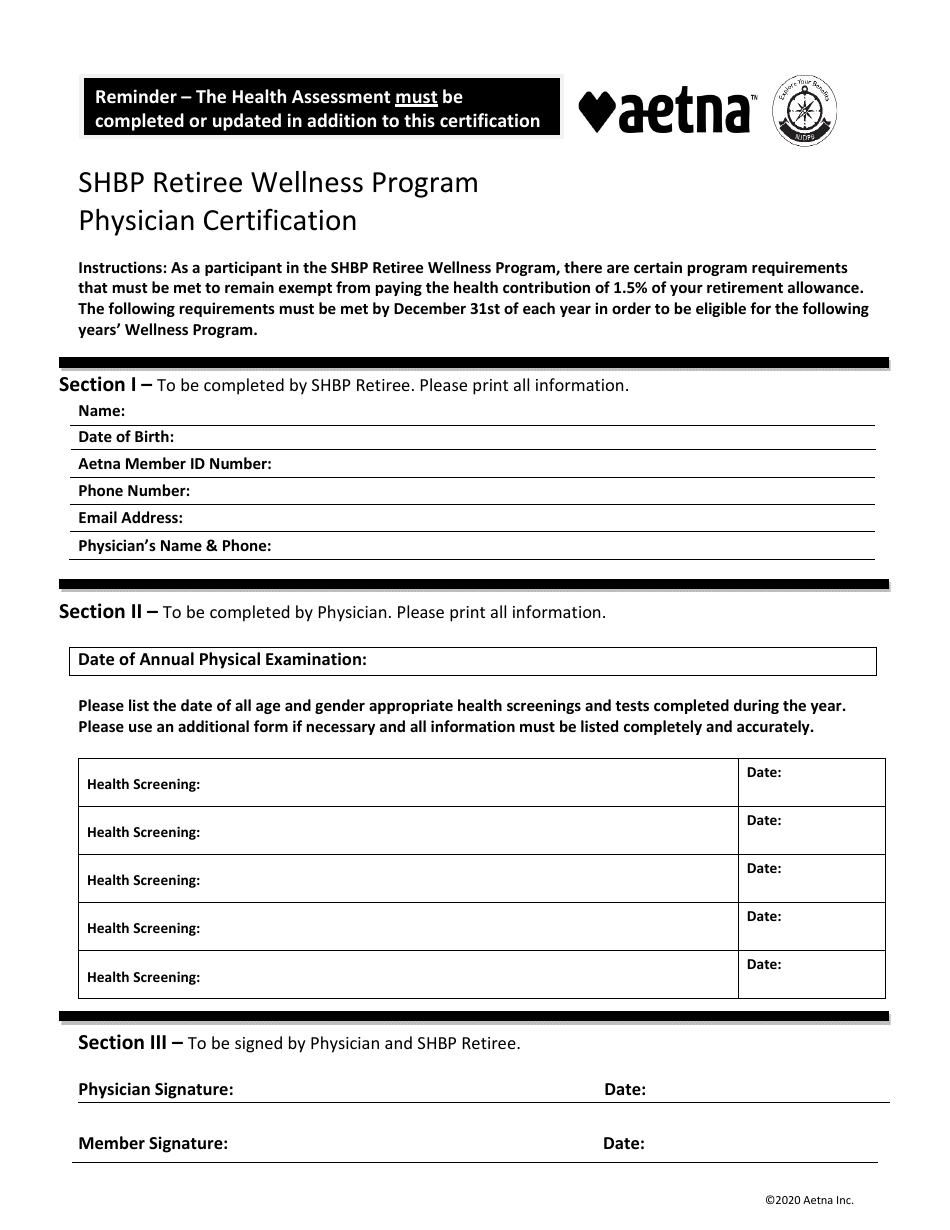 Aetna Annual Physicians Certification - Shbp Retiree Wellness Program - New Jersey, Page 1