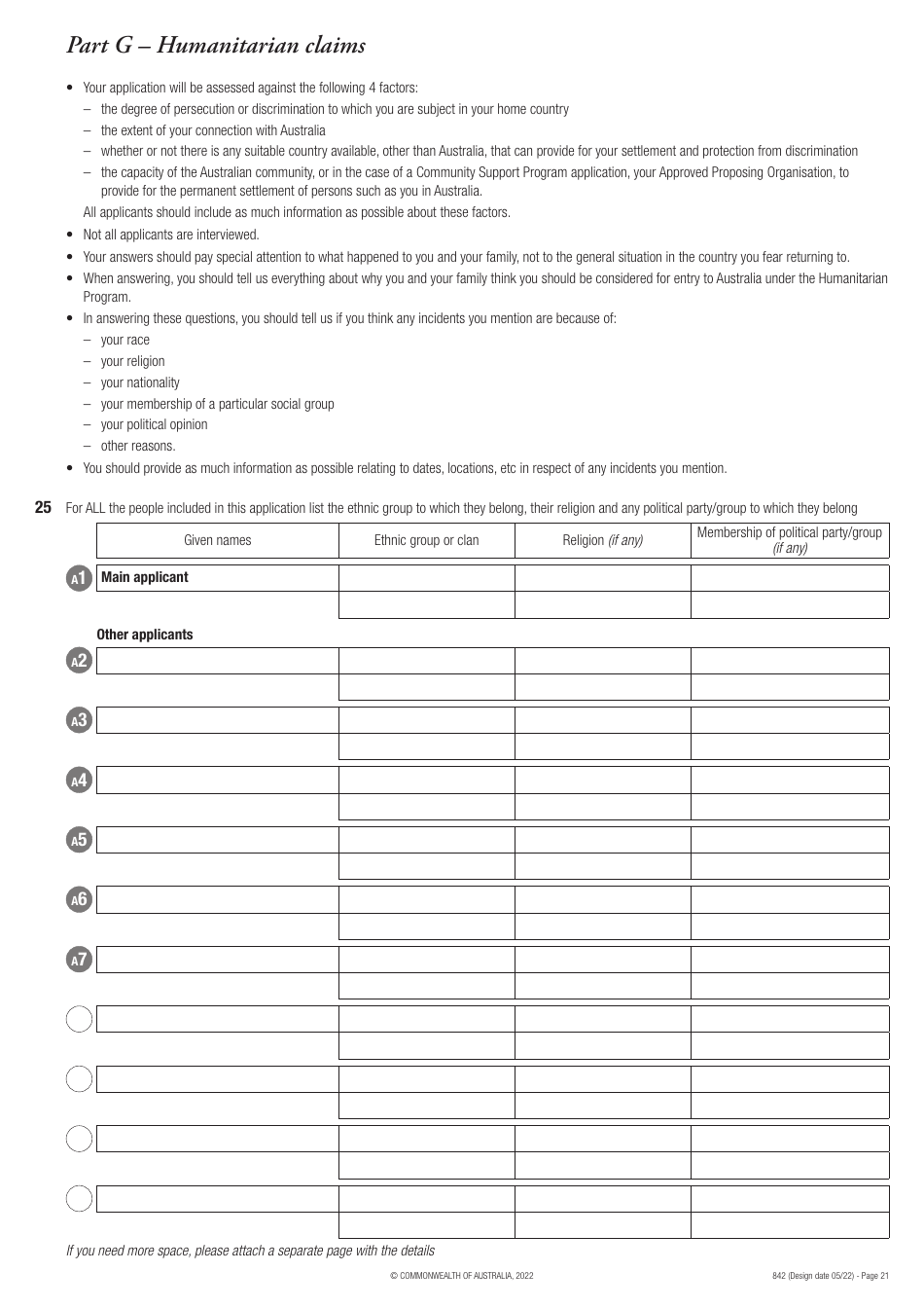 Form 842 Application for an Offshore Humanitarian Visa - Australia, Page 21