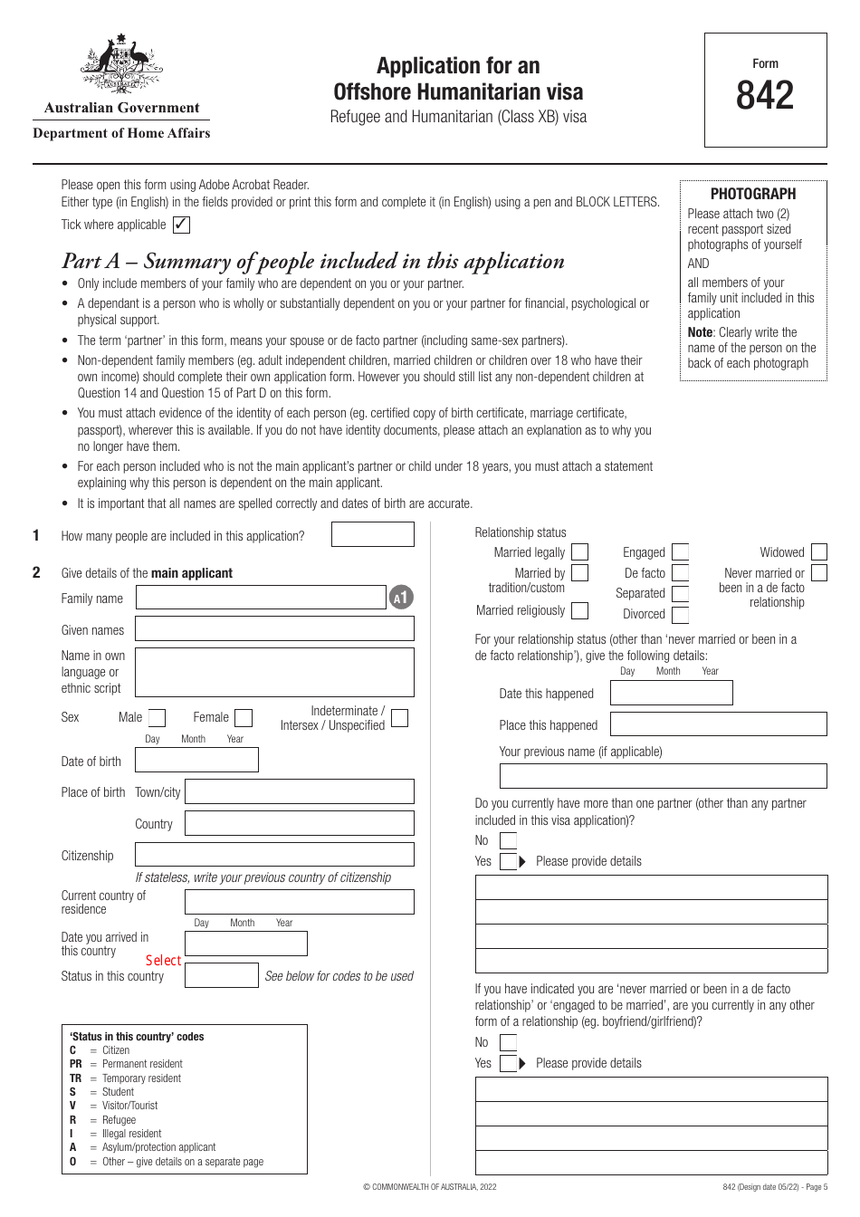 Form 842 Application for an Offshore Humanitarian Visa - Australia, Page 5