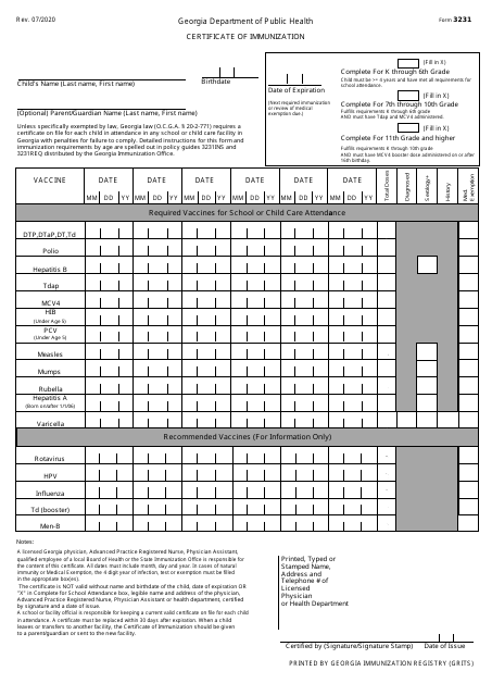 Form 3231 Certificate of Immunization (Grits) - Georgia (United States)