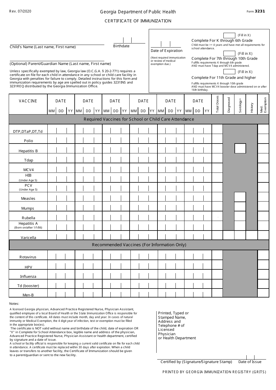 Form 3231 Certificate of Immunization (Grits) - Georgia (United States), Page 1