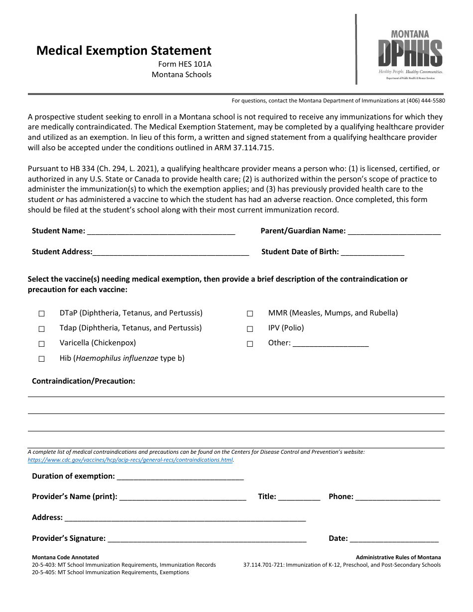 Form HES101A Montana Schools Medical Exemption Statement - Montana, Page 1