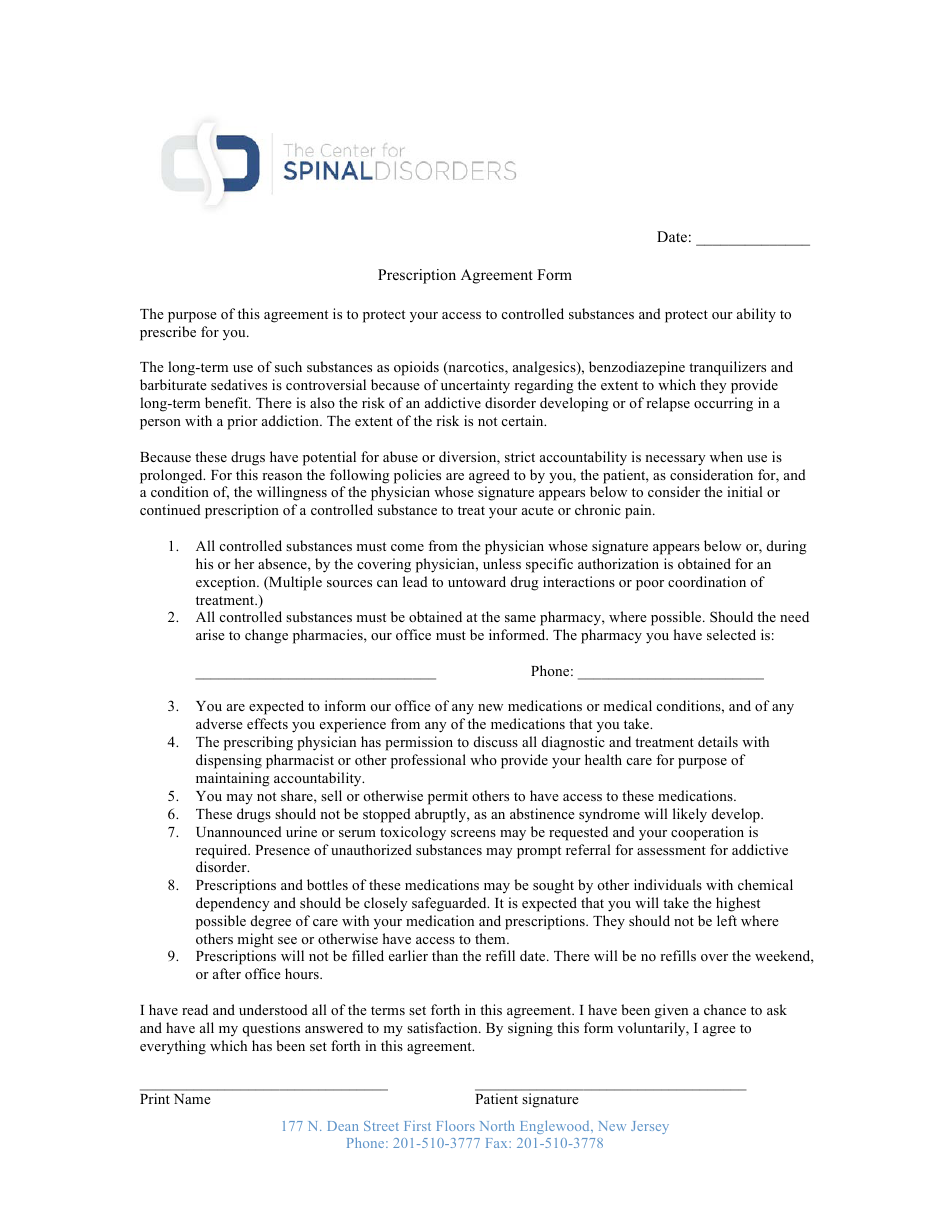 Prescription Agreement Form - the Center for Spinal Disorders, Page 1