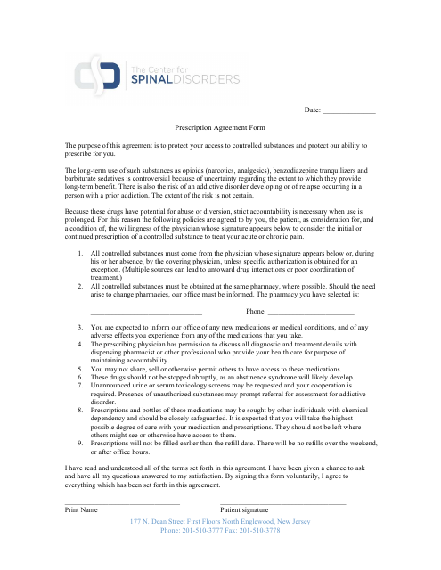 Prescription Agreement Form - the Center for Spinal Disorders Download Pdf